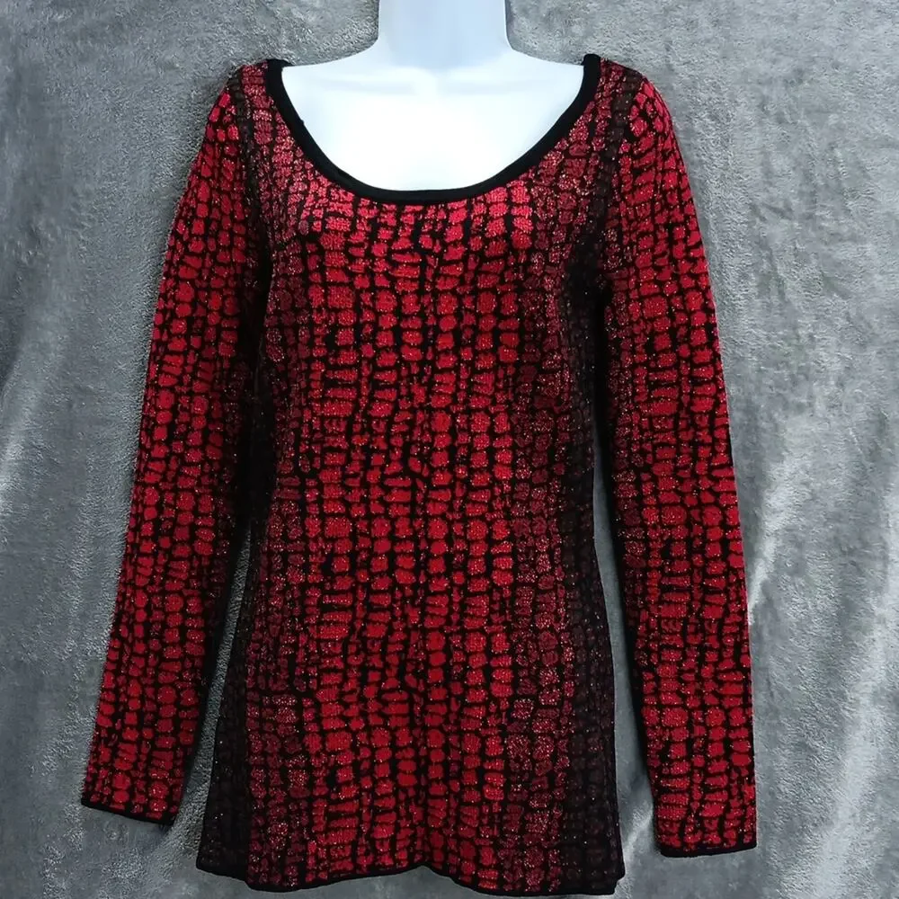 Carmen Marc Valvo Sweater w/ Faux Fur Collar Red‎ & Black Women's Size Small